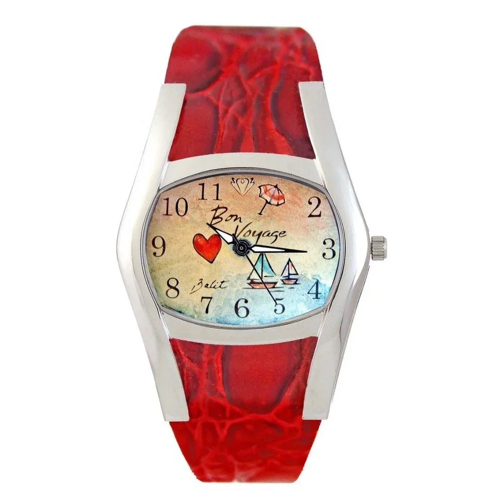 Diane Balit Hand Painted‎ Red Leather Bon Voyage Watch New Battery